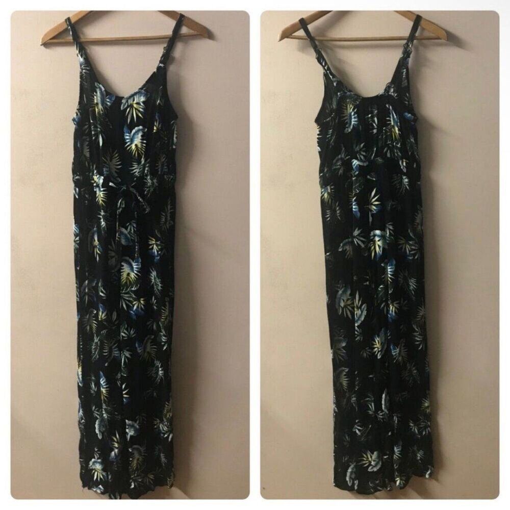 Black Tropical Leaf Print Wide Leg Jumpsuit